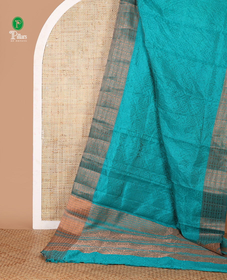 Blue embossed thread weave art tussar saree, copper zari border & pallu of intricate designs