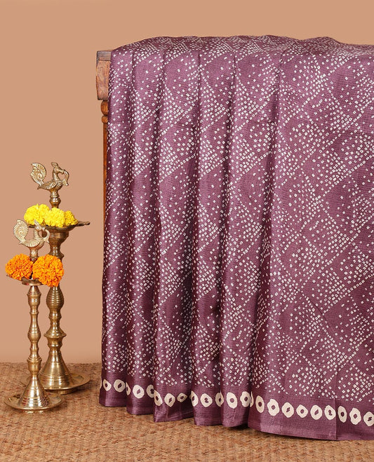 Purple Bandhani-style printed khadi cotton saree, printed border & colorful madhubani-style printed pallu