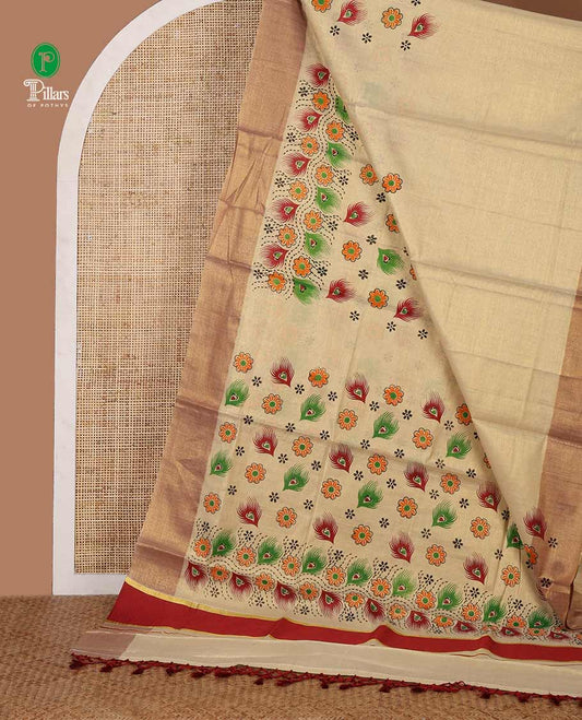 Cream Kerala cotton saree with multi-color floral & peacock feather screen print, copper zari bavanji border & satin lining pallu