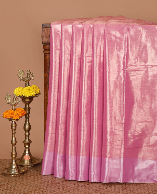 Baby pink plain tissue silk saree, silver zari bavanji border & contrast gleaming golden color plain blouse