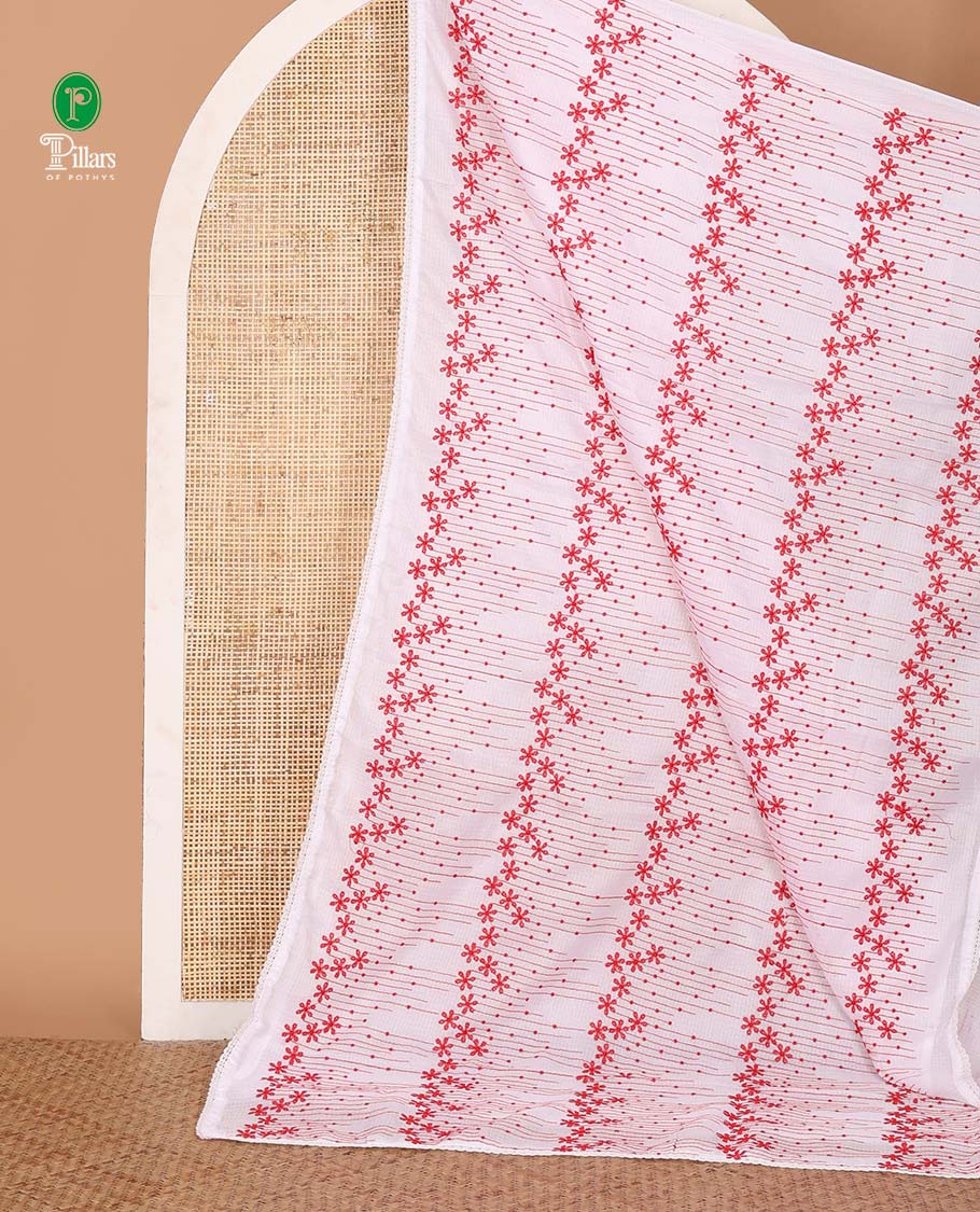 White Kota checks saree with red color floral motifs thread embroidery, lace border & plain & lace border white blouse