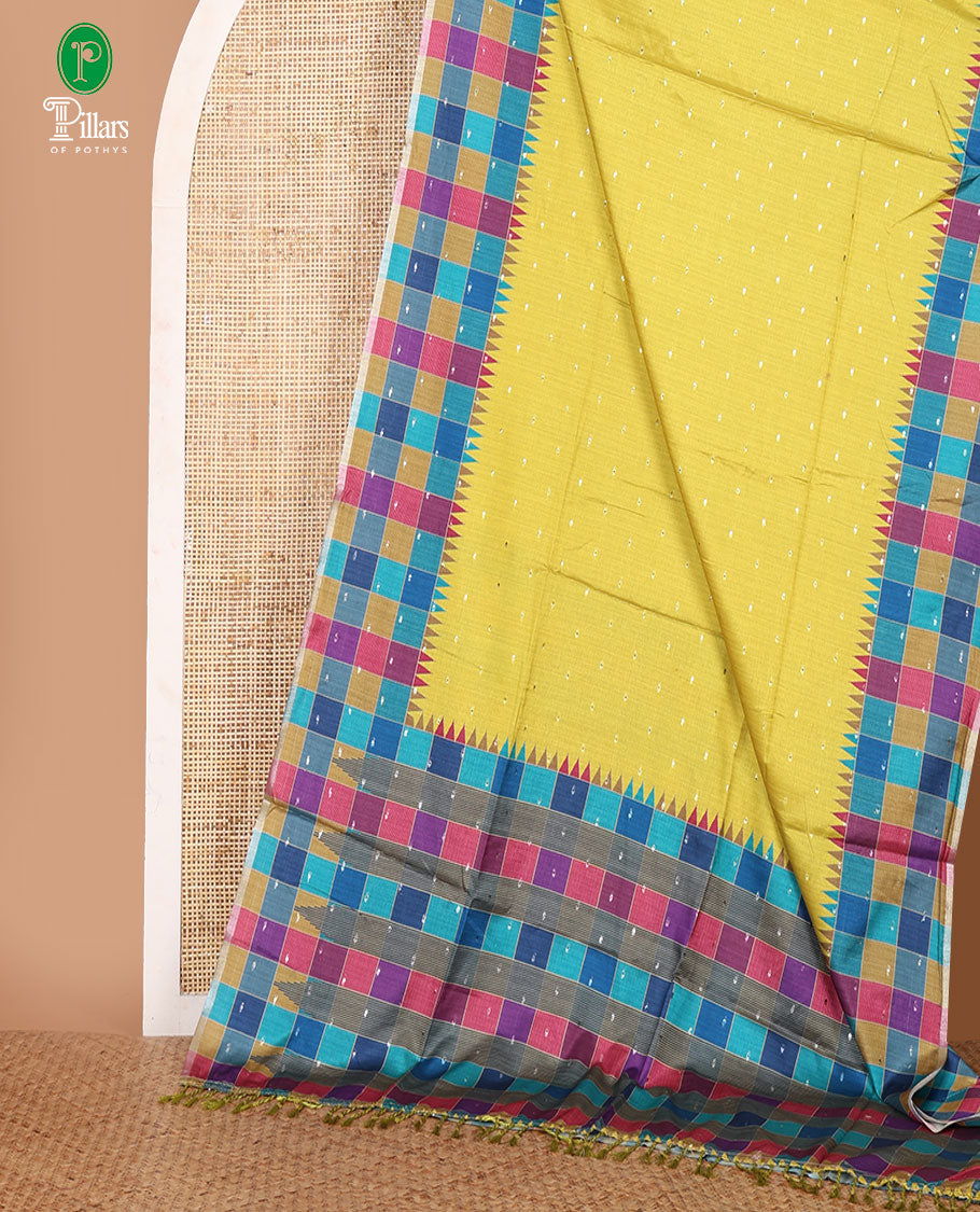 Lime yellow zari buttas Kathan silk saree, contrast border & pallu of multi-color checks & temple design, blouse of multi-color checks & buttas