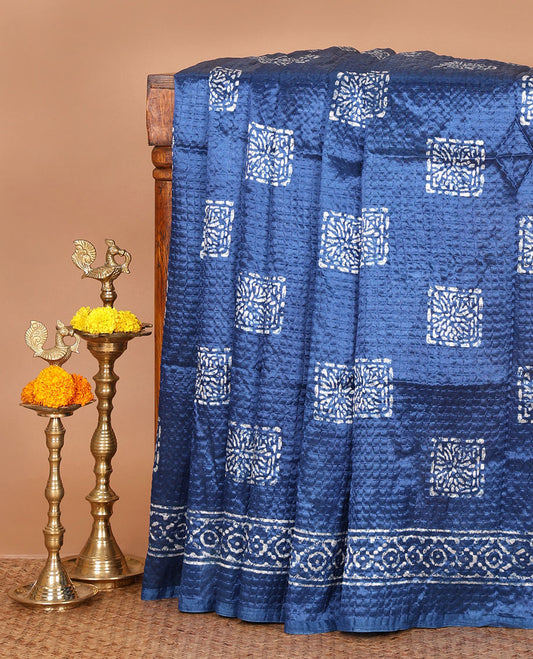 Blue batik buttas printed litchi crushed saree, batik-printed border, printed pallu & printed blouse