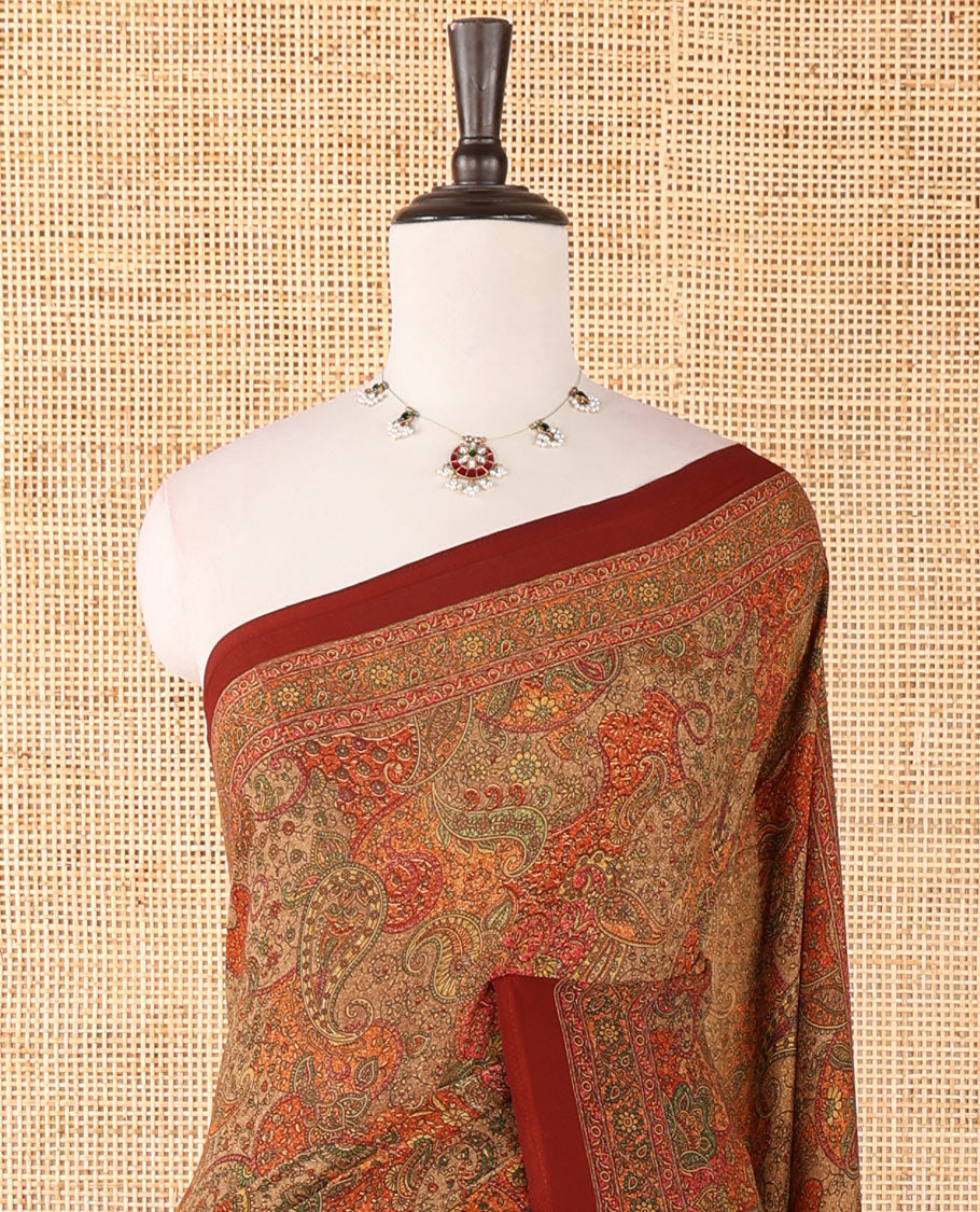 Maroon intricate paisley printed kimaya saree, floral printed border, paisley printed pallu & contrast printed blouse