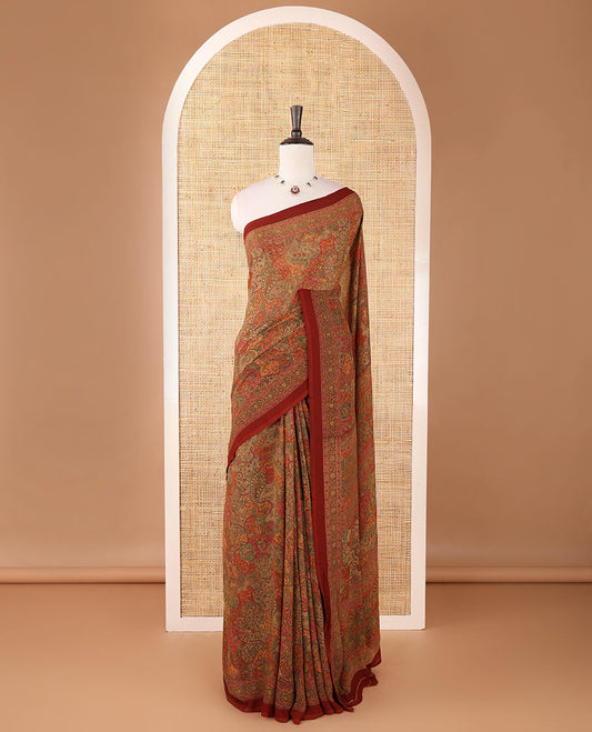 Maroon intricate paisley printed kimaya saree, floral printed border, paisley printed pallu & contrast printed blouse