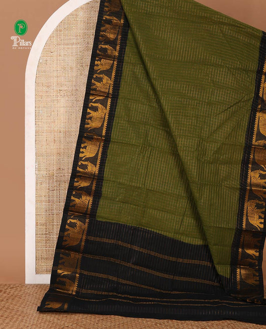 Olive green zari checked sungudi cotton saree, contrast temple & elephant motifs border, zari striped pallu & zari design contrast blouse