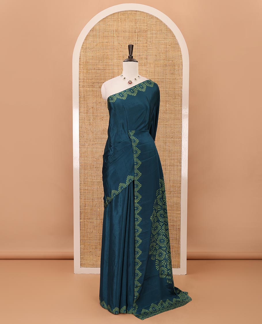 Ramar blue plain design turkey crepe saree, triangle motif printed border, leaf-like shape printed pallu & printed blouse