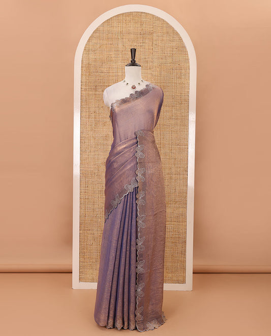 Lavender full-plain Fendi chiffon saree, scallop butterfly-style Swarovski stone work border & stone work matching blouse