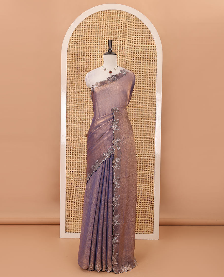 Lavender full-plain Fendi chiffon saree, scallop butterfly-style Swarovski stone work border & stone work matching blouse
