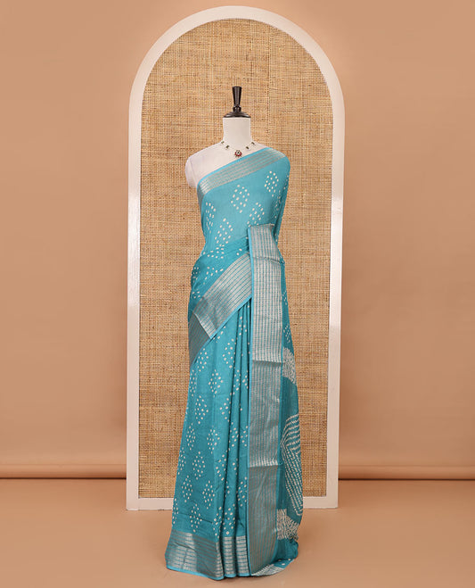 Blue Bandhani motifs printed viscose moss chiffon saree, zari design border, shibori-style pallu & blouse of zari & print work