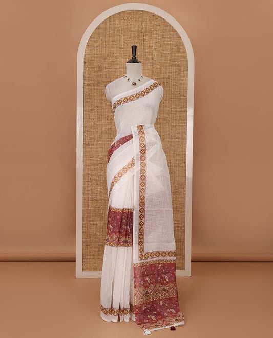 White half-plain & half-printed linen cotton saree, maroon-color diamond-patterned border, kalamkari-style flora-fauna printed pallu & diamond jaal printed blouse