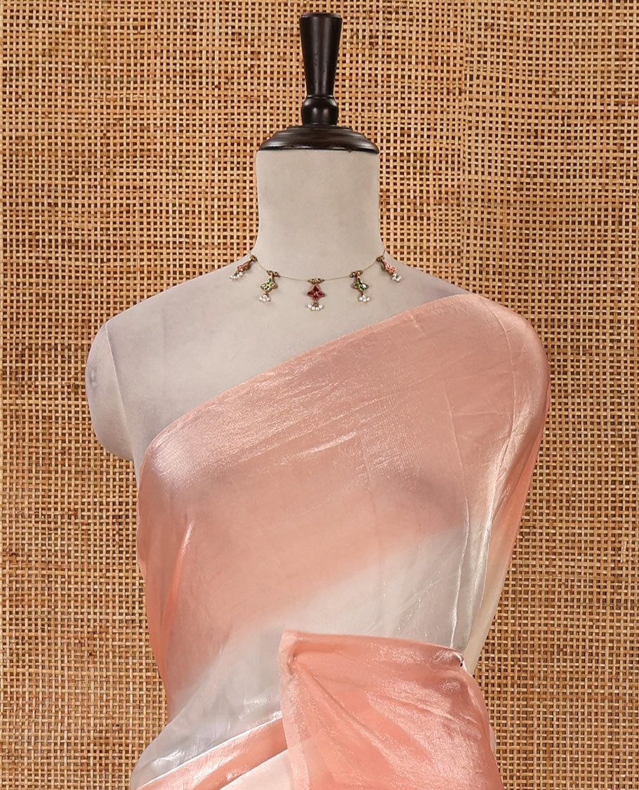 Borderless orange tie-dye-style printed fendy satin saree, self-pallu with tassels & plain blouse