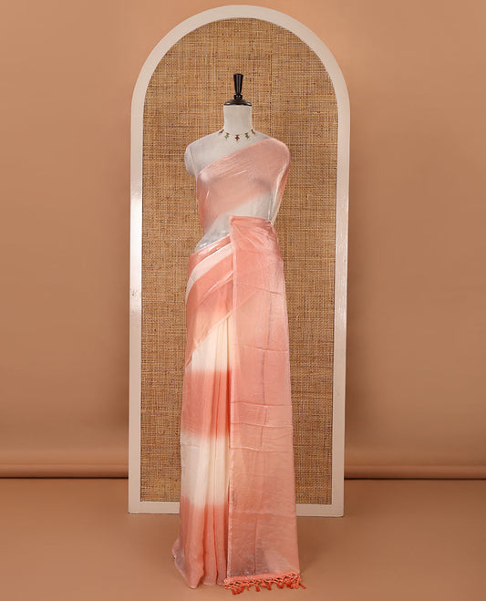 Borderless orange tie-dye-style printed fendy satin saree, self-pallu with tassels & plain blouse