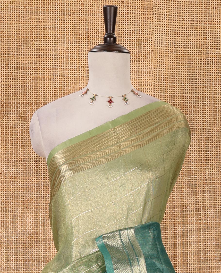 Green-ombre zari checked tissue saree, gold zari design border, Madhubani-style digital printed pallu & Madhubani printed blouse