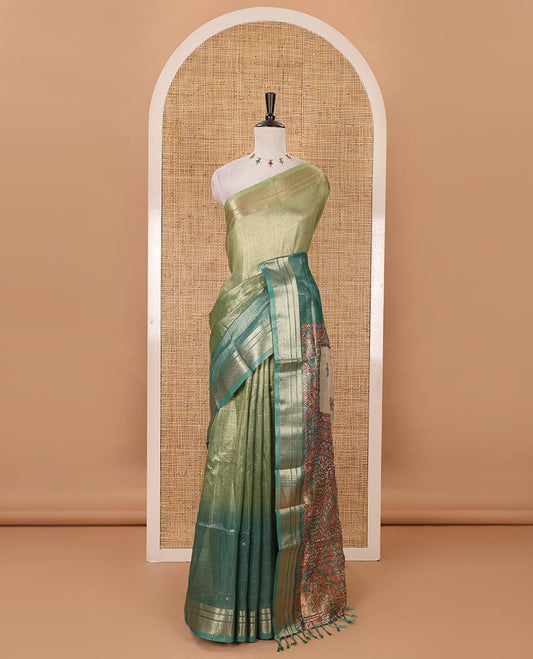 Green-ombre zari checked tissue saree, gold zari design border, Madhubani-style digital printed pallu & Madhubani printed blouse