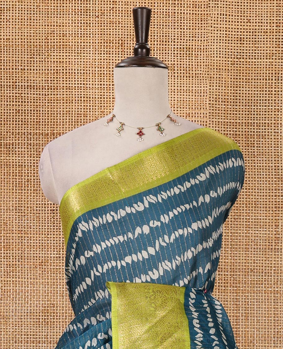 Rama green zari striped & uniquely printed soft tusser saree,contrast traditional zari border,kalamkari floral print pallu & zari design blouse