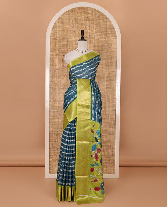 Rama green zari striped & uniquely printed soft tusser saree,contrast traditional zari border,kalamkari floral print pallu & zari design blouse