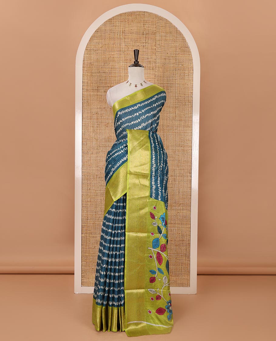 Rama green zari striped & uniquely printed soft tusser saree,contrast traditional zari border,kalamkari floral print pallu & zari design blouse