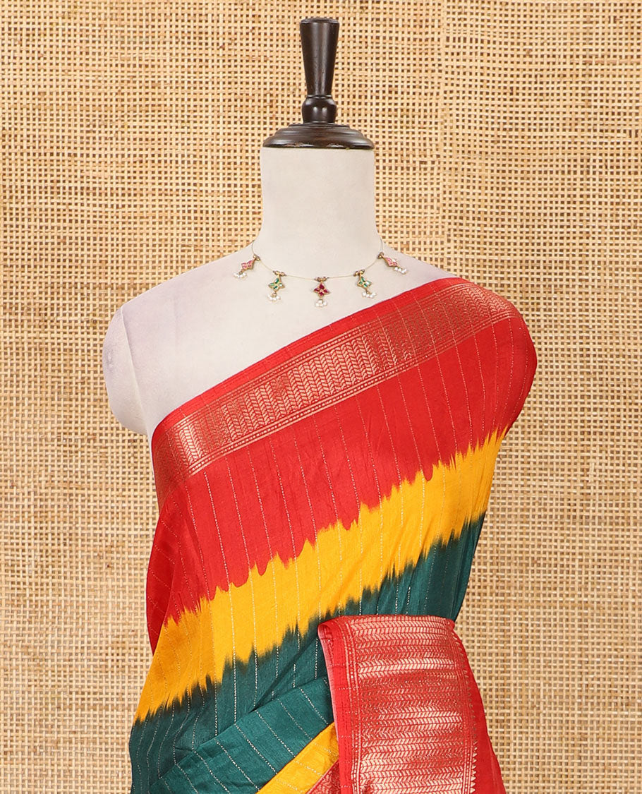 Green zari striped dola silk saree, contarst triple-color dyed traditional zari border, striped pallu & contrast floral printed blouse