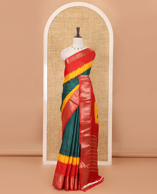 Green zari striped dola silk saree, contarst triple-color dyed traditional zari border, striped pallu & contrast floral printed blouse