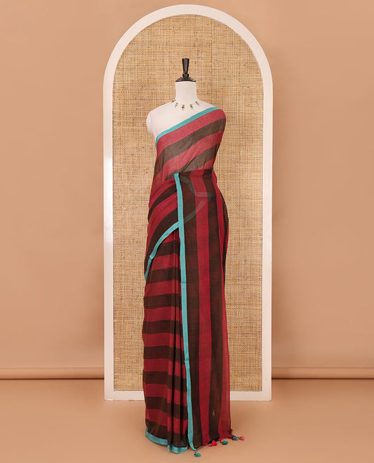 Purple horizontal striped khadi cotton saree, contrast piping border & matching horizontal striped blouse