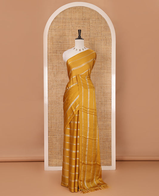 Borderless yellow horizontal-style stripes foli printed Fendy chiffon saree