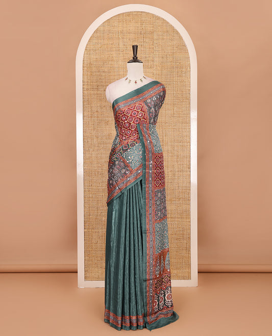 Green geometric patterns kaleidoscope-colored printed & mirror embroidered half-&-half masakali saree, printed border & pallu of embroidery work & plain blouse
