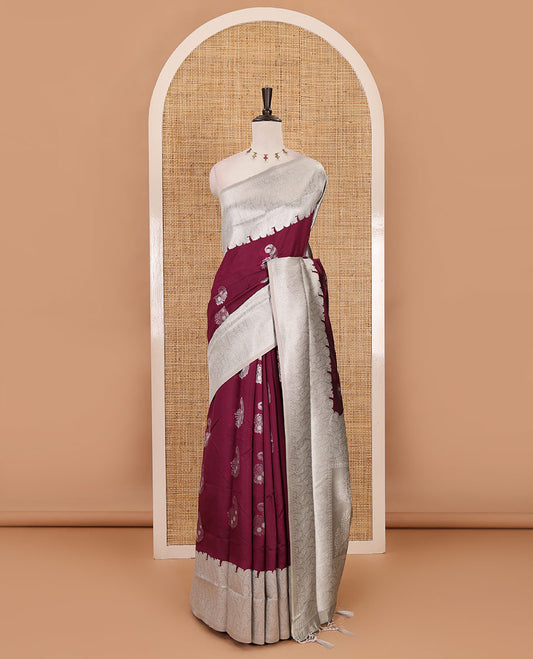 Purple silver zari manga buttas Elite soft silk saree, contrast traditional zari border, intricate zari pallu & contrast zari buttas blouse
