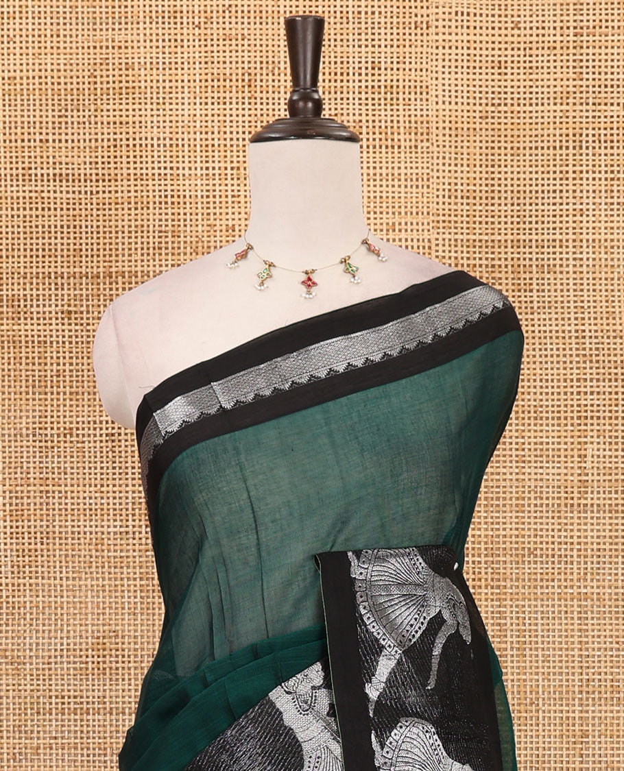 Green full-plain Mercerised cotton saree, contrast sliver zari Dancing Bharatanatyam girl motifs woven border, striped pallu & plain blouse