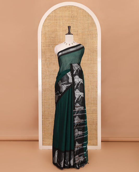 Green full-plain Mercerised cotton saree, contrast sliver zari Dancing Bharatanatyam girl motifs woven border, striped pallu & plain blouse