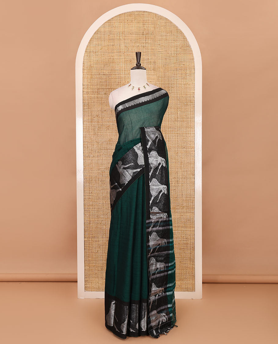 Green full-plain Mercerised cotton saree, contrast sliver zari Dancing Bharatanatyam girl motifs woven border, striped pallu & plain blouse