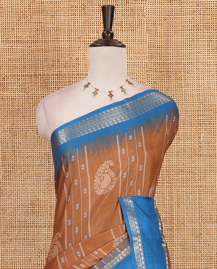 Honey floral, manga and striped katan silk saree, contrast rettai pettu temple border of diamond and Greek key design, jaal pallu, and contrast printed blouse