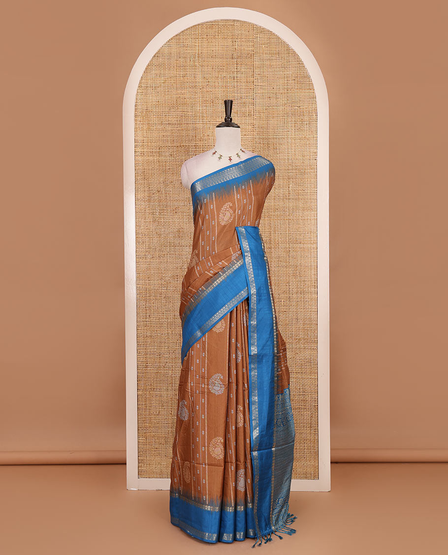 Honey floral, manga and striped katan silk saree, contrast rettai pettu temple border of diamond and Greek key design, jaal pallu, and contrast printed blouse