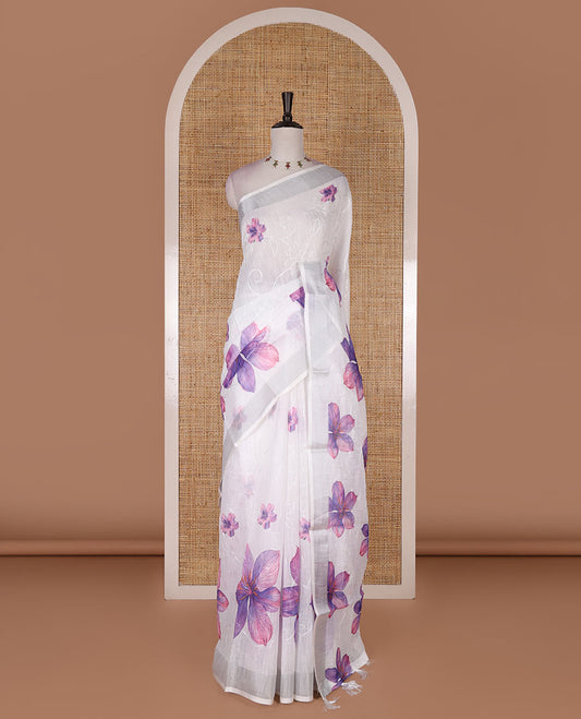 White big flower printed with Chikankari-style thread floral embroidered linen cotton saree, zari bavanji border, and blouse of print and embroidery work