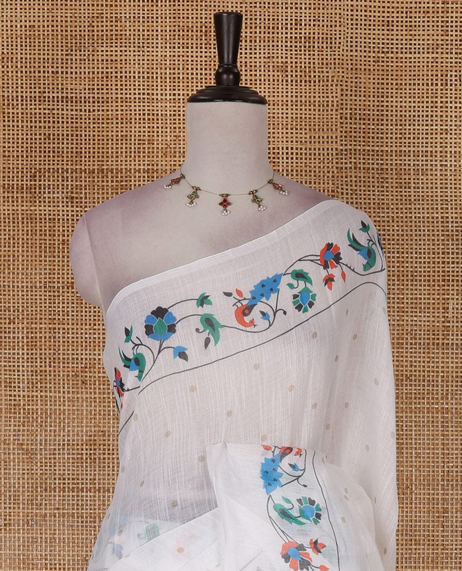White buttas linen cotton saree, self-border of floral and peacock motifs paithani style printed border, pallu and plain blouse