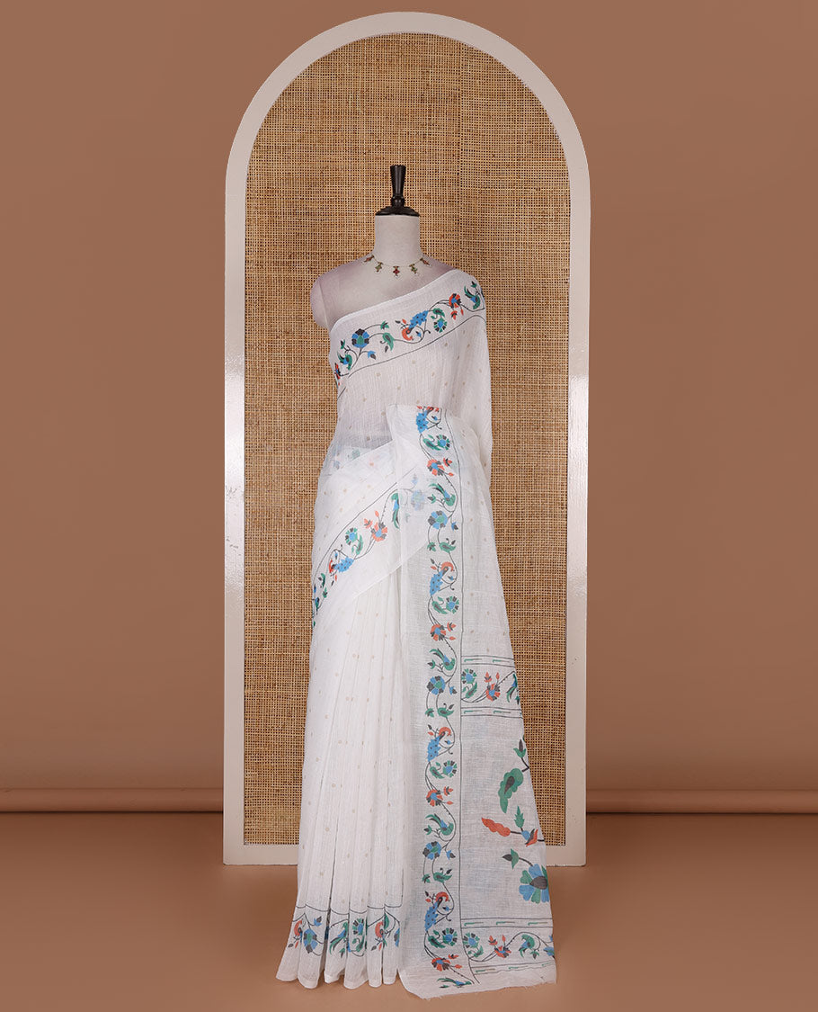 White buttas linen cotton saree, self-border of floral and peacock motifs paithani style printed border, pallu and plain blouse
