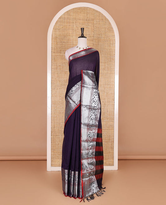 Violet plain mercerised cotton saree, contrast traditional zari border of elephant and peacock designs, striped pallu, and plain blouse