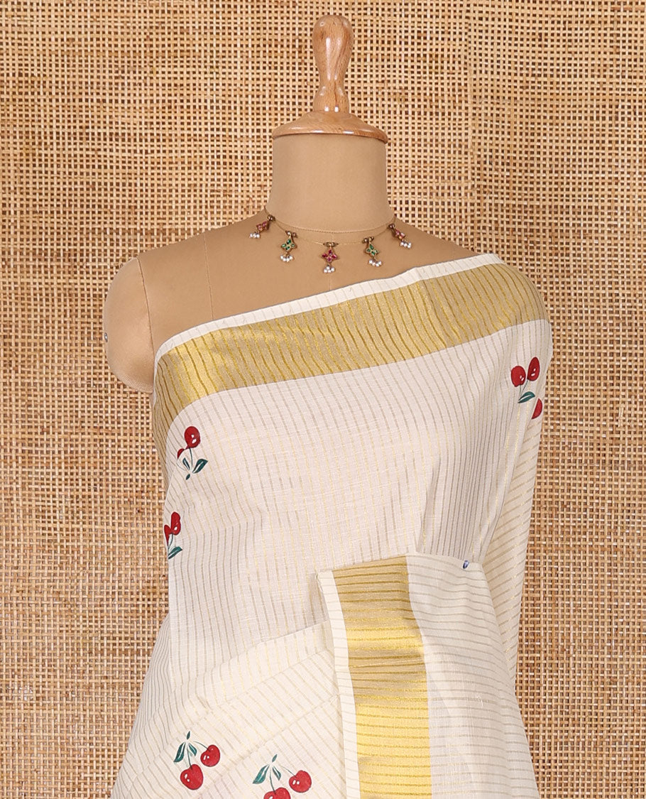 Cream-red vertically striped and cherry fruit motifs printed Kerala cotton saree with zari striped border, printed pallu, and a matching blouse