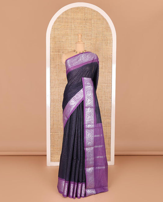 Navy blue and lavender checked sungudi cotton saree, contrast silver zari round peacock border, striped pallu, and a contrast checked blouse