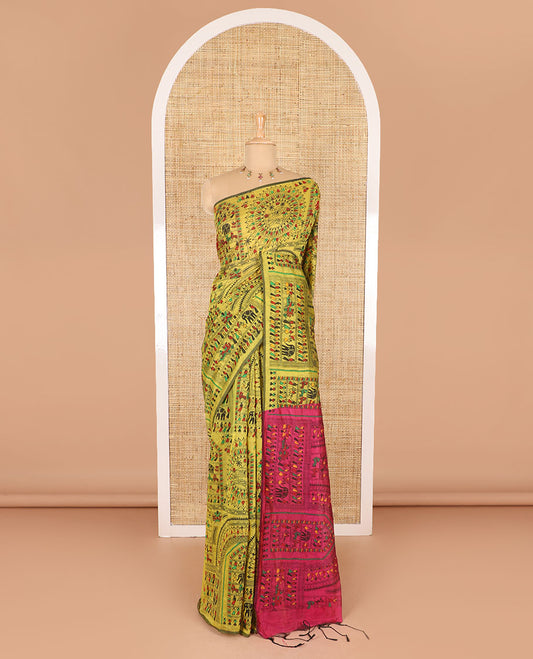 Borderless yellow and pink Warli village printed khadi mul cotton saree, contrast Warli motifs printed pallu, and a plain blouse