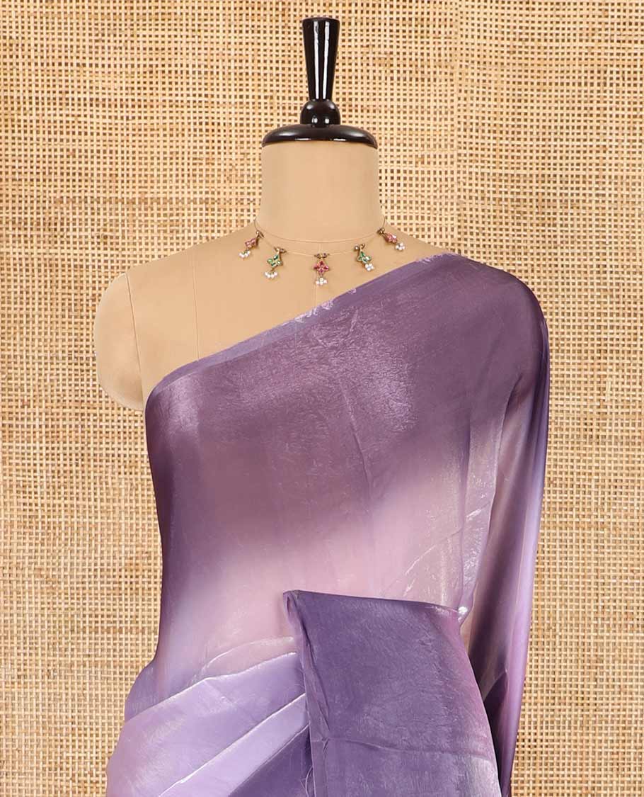 Borderless lavender floral motifs printed fendy satin saree with a self-pallu and a matching blouse