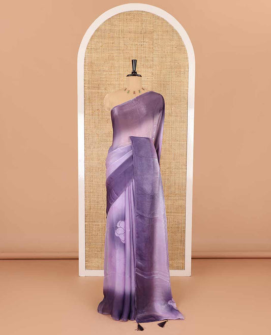 Borderless lavender floral motifs printed fendy satin saree with a self-pallu and a matching blouse