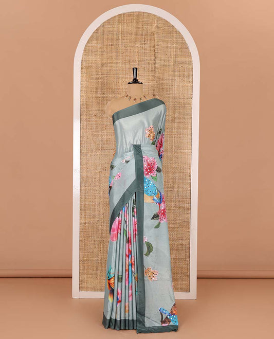 Pista green multi-color floral printed with mirror work masakali saree, contrast plain border, and a matching blouse