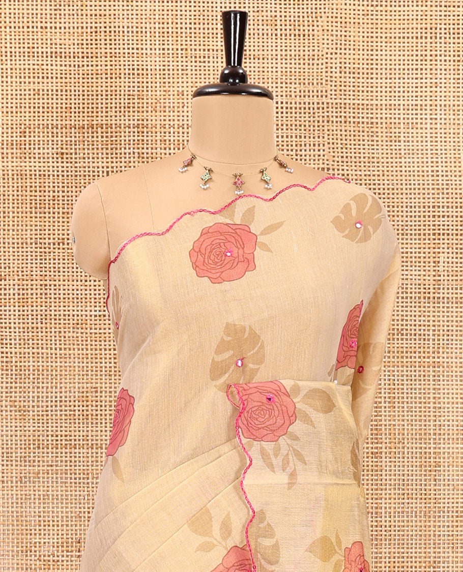 Gold and pink rose motifs printed with mirror work tissue saree, scallop embroidered border, printed pallu, and a contrast blouse