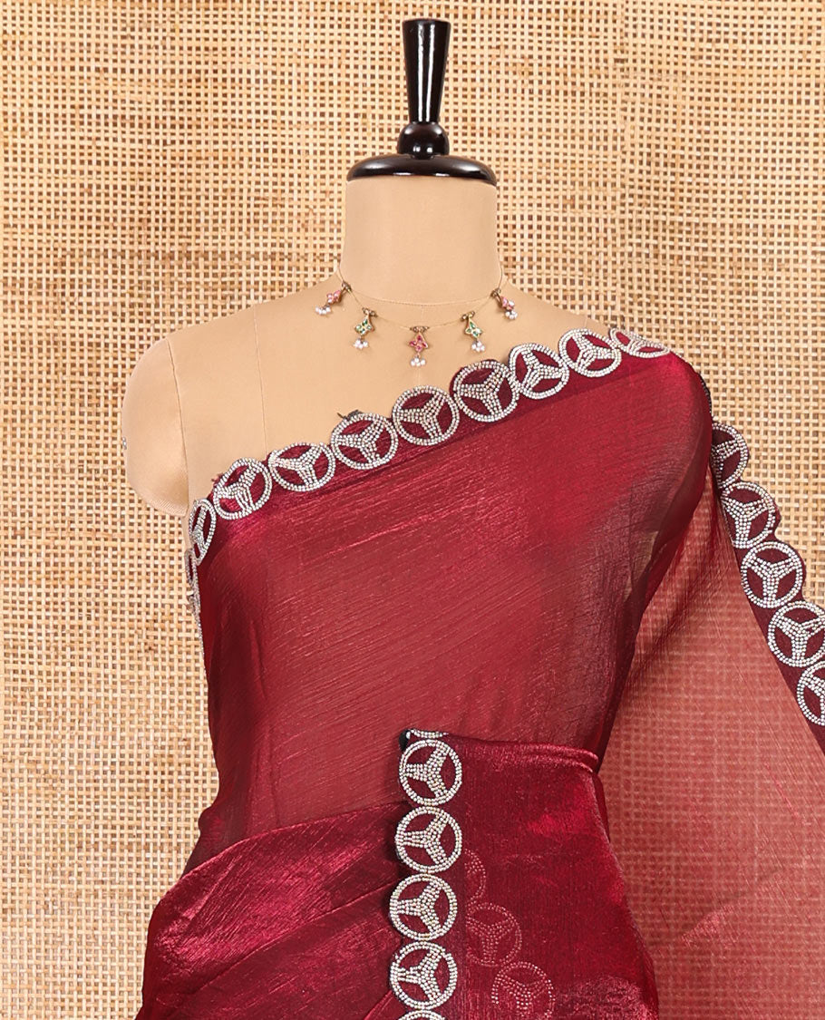 Wine plain fendy chiffon saree, scallop micro stone border, intricate stone work pallu, and a matching micro-stone blouse
