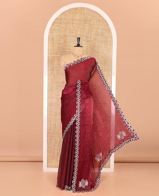 Wine plain fendy chiffon saree, scallop micro stone border, intricate stone work pallu, and a matching micro-stone blouse