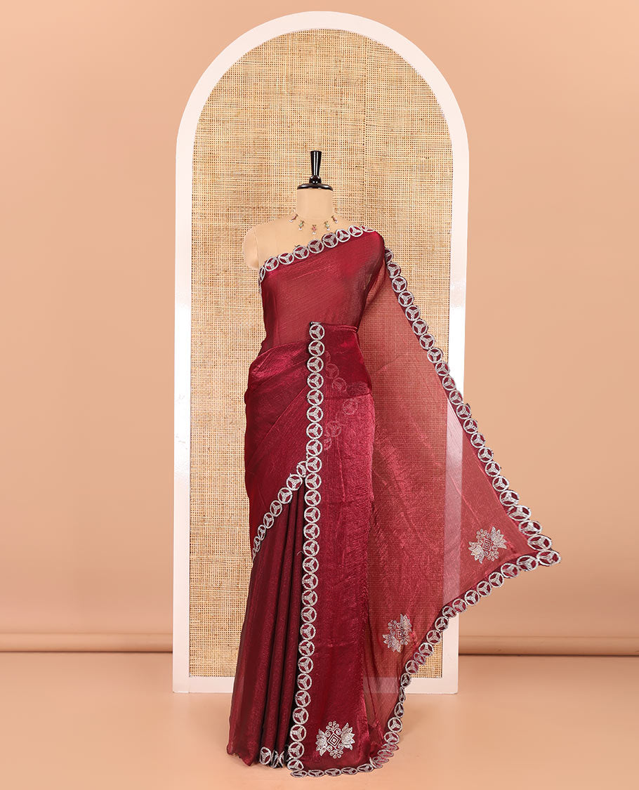 Wine plain fendy chiffon saree, scallop micro stone border, intricate stone work pallu, and a matching micro-stone blouse