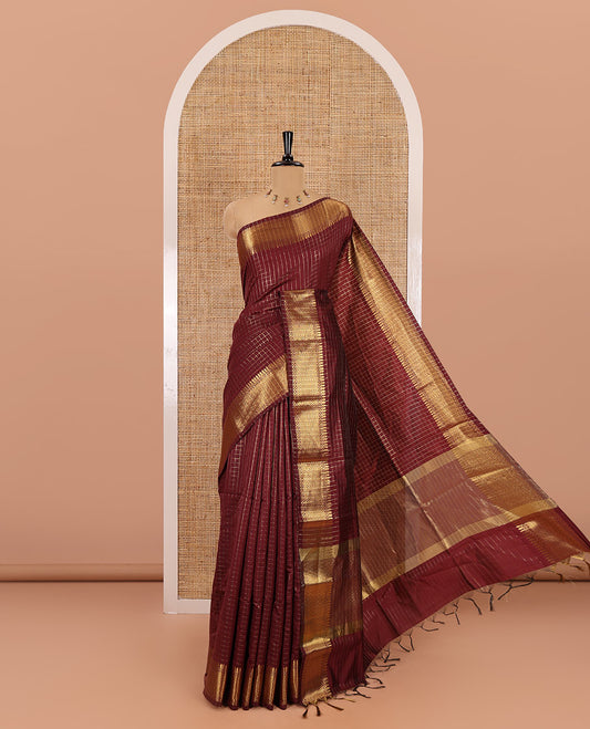 Maroon zari checked semi-kathan silk saree, traditional zari border, zari-rich pallu, and a matching blouse