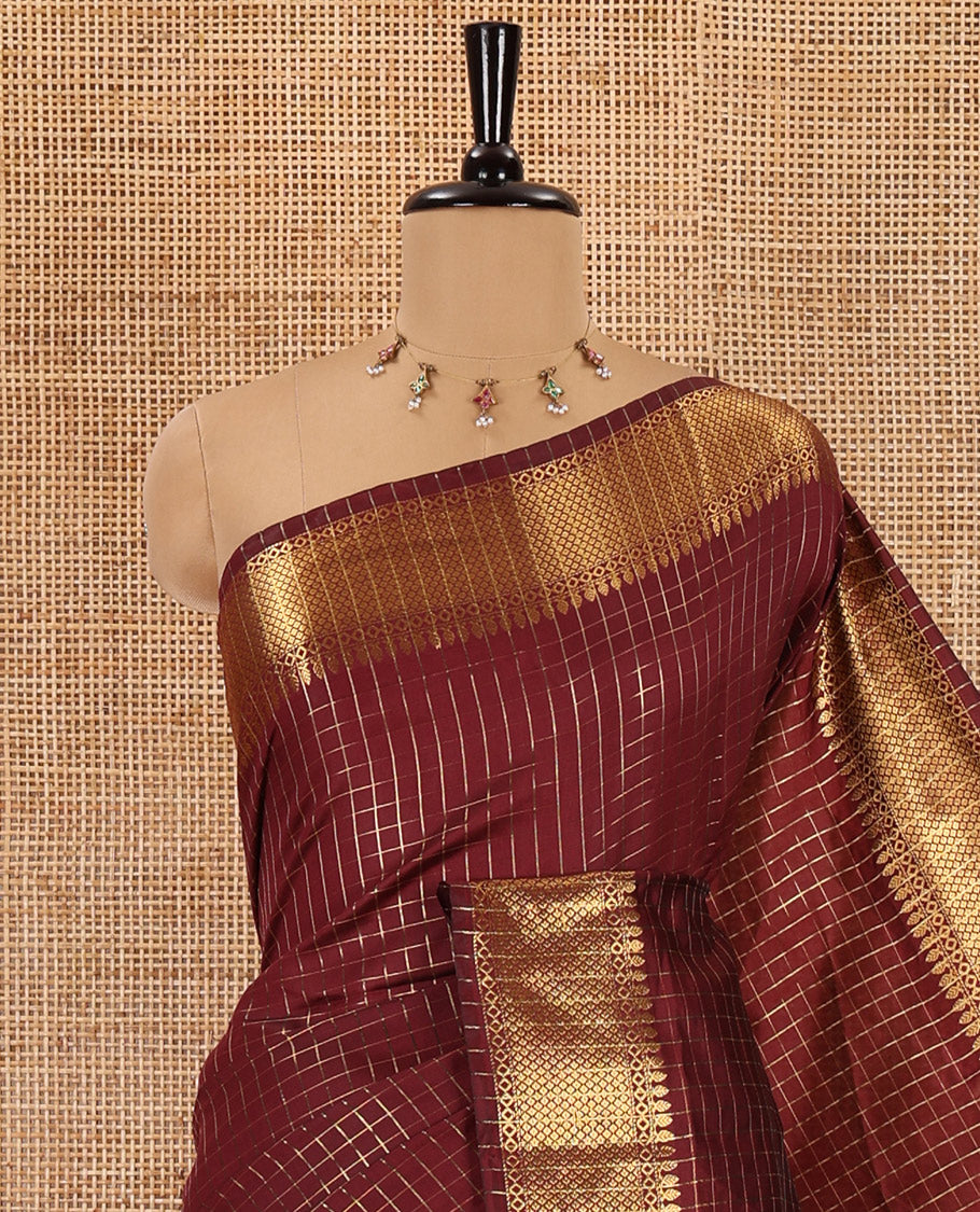 Maroon zari checked semi-kathan silk saree, traditional zari border, zari-rich pallu, and a matching blouse