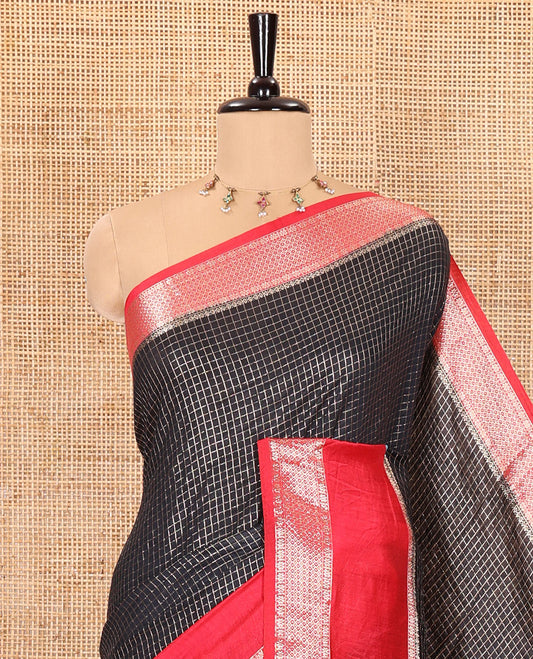 Black zari checked Assam cotton saree, contrast traditional zari design border, zari design pallu, and a contrast zari design blouse